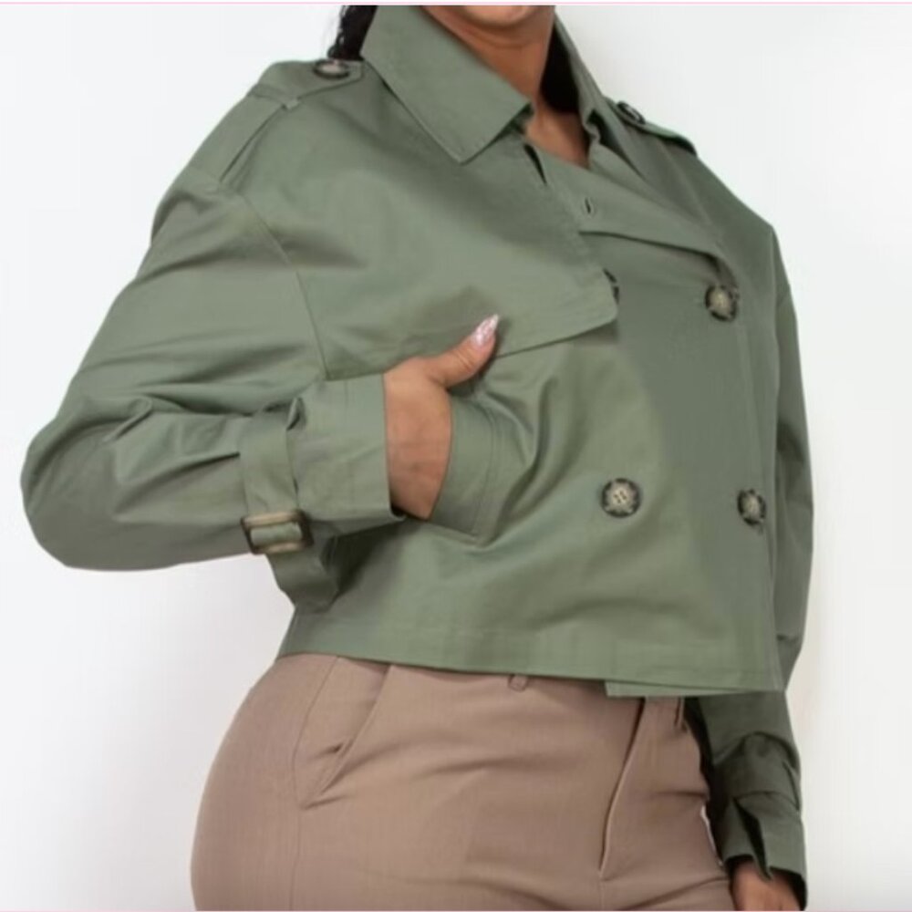 Minimalist Capsule Iris Olive Cropped Double Breasted Cotton Trench Medium - Picture 3 of 13
